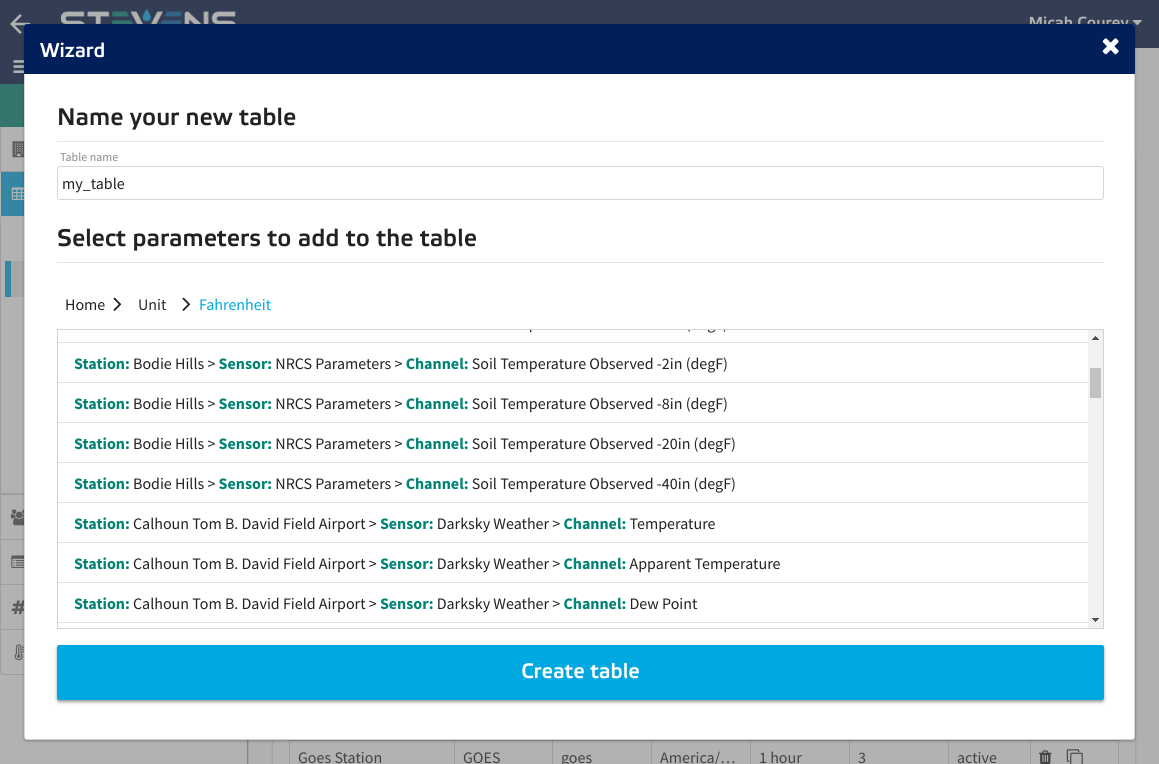 Create Warehouse Table Form