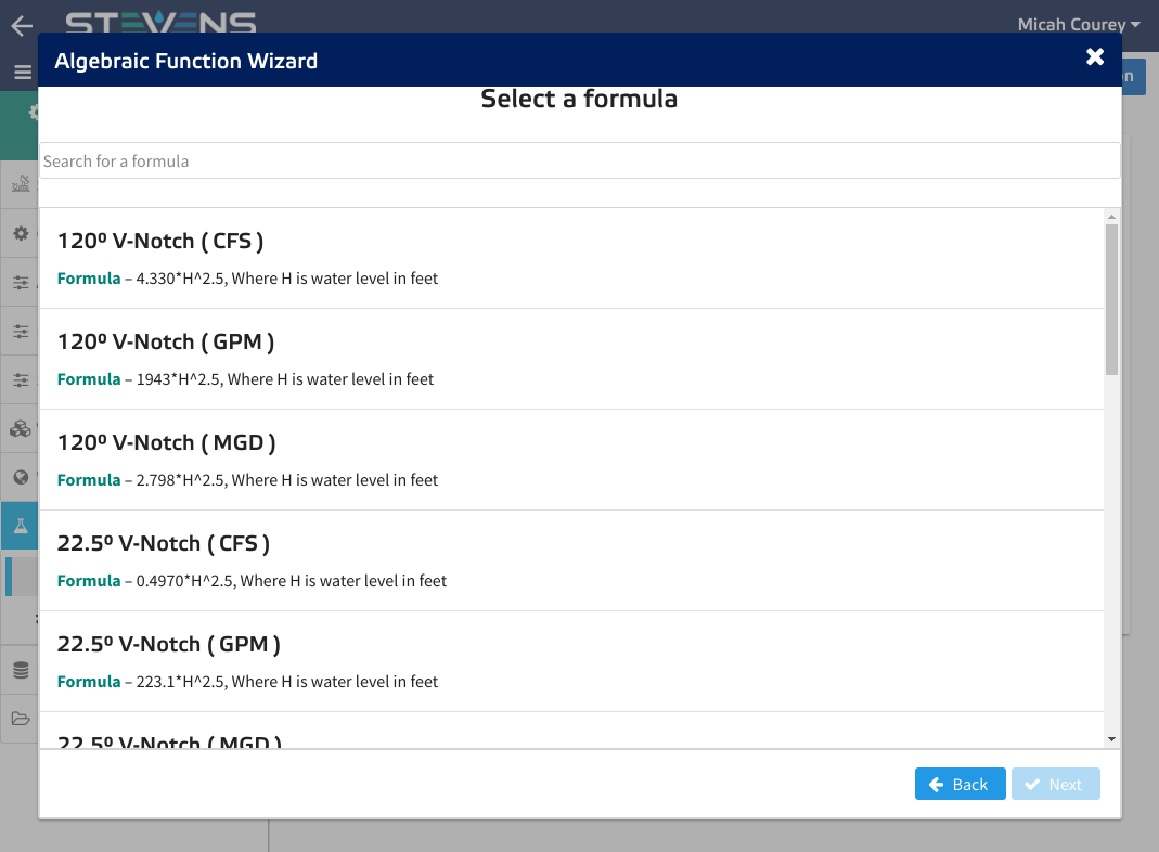 Algebraic Function Wizard Function Selector